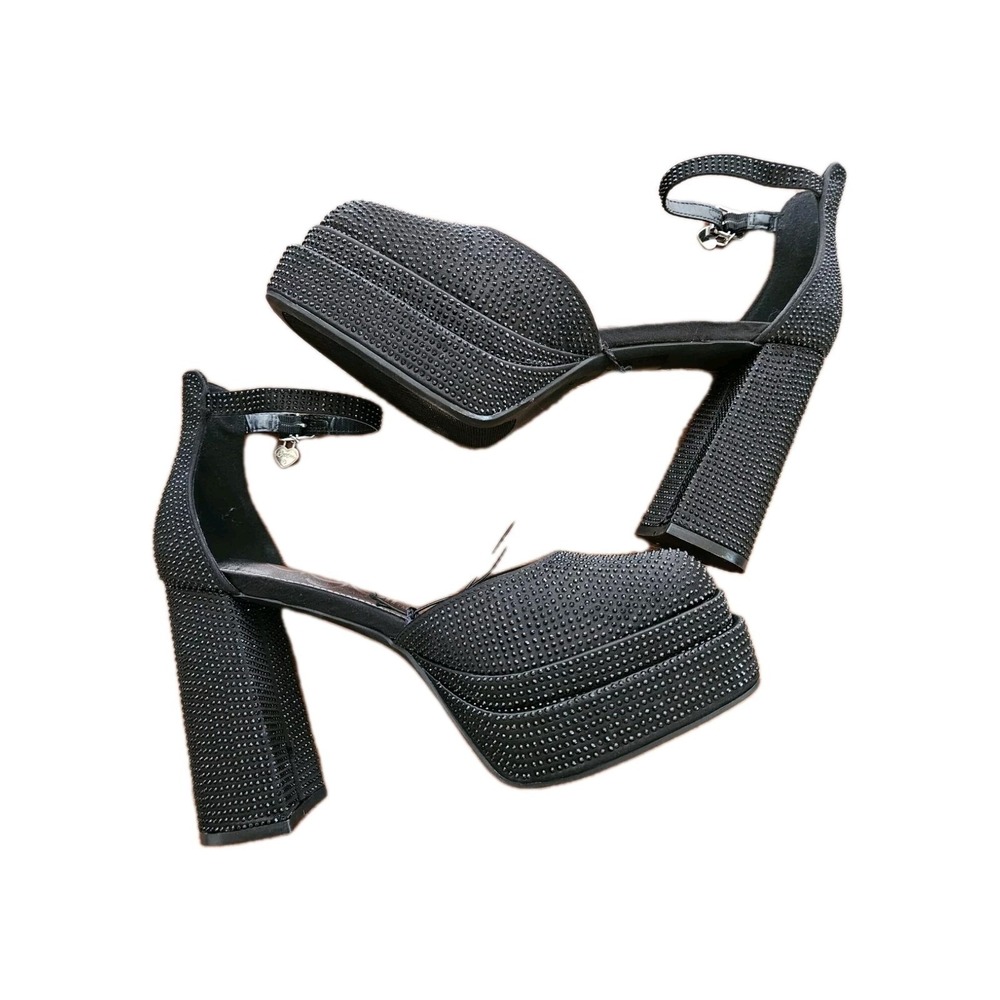 Sugar Platform Pumps Women 9 Black Willfully 2 Rhinestone Block Heel Ankle Strap